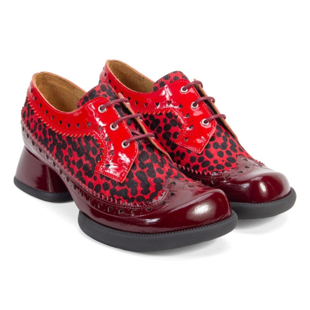 John Fluevog Rosamund Lace-Up Heels with Brogue Hearts 7 Burgundy Pony Hair